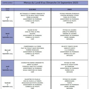 LES MENUS DE L’EHPAD DU LUNDI 8 AU DIMANCHE 14 SEPTEMBRE 2025