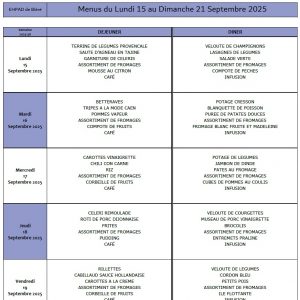 LES MENUS DE L’EHPAD DU LUNDI 15 AU DIMANCHE 21 SEPTEMBRE 2025
