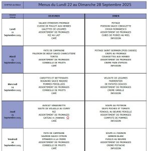LES MENUS DE L’EHPAD DU LUNDI 22 AU DIMANCHE 28 SEPTEMBRE 2025