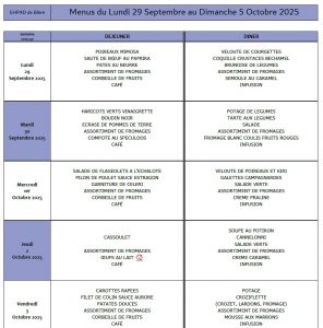 LES MENUS DE L’EHPAD DU LUNDI 29 SEPTEMBRE AU DIMANCHE 5 OCTOBRE 2025