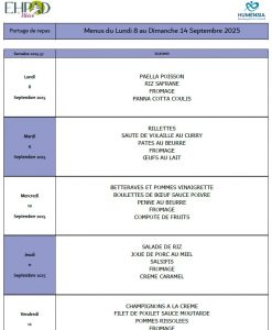 LES MENUS DU PORTAGE DE REPAS A DOMICILE DU LUNDI 8 AU DIMANCHE 14 SEPTEMBRE 2025