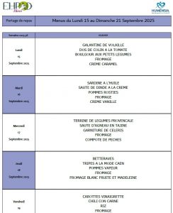 LES MENUS DU PORTAGE DE REPAS A DOMICILE DU LUNDI 15 AU DIMANCHE 21 SEPTEMBRE 2025