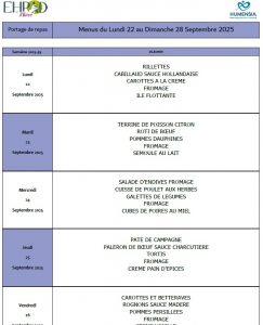LES MENUS DU PORTAGE DE REPAS A DOMICILE DU LUNDI 22 AU DIMANCHE 28 SEPTEMBRE 2025
