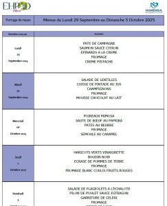LES MENUS DU PORTAGE DE REPAS A DOMICILE DU LUNDI 29 SEPTEMBRE AU DIMANCHE 5 OCTOBRE 2025