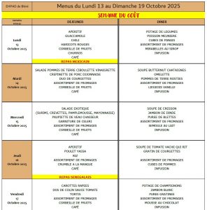 LES MENUS DE L’EHPAD DU LUNDI 13 AU DIMANCHE 19 OCTOBRE 2025