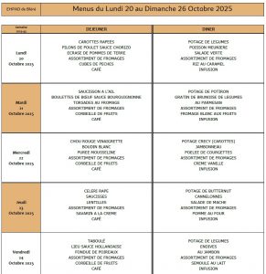LES MENUS DE L’EHPAD DU LUNDI 20 AU DIMANCHE 26 OCTOBRE 2025