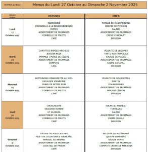 LES MENUS DE L’EHPAD DU LUNDI 27 OCTOBRE AU DIMANCHE 2 NOVEMBRE 2025