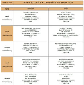 LES MENUS DE L’EHPAD DU LUNDI 3 AU DIMANCHE 9 NOVEMBRE 2025