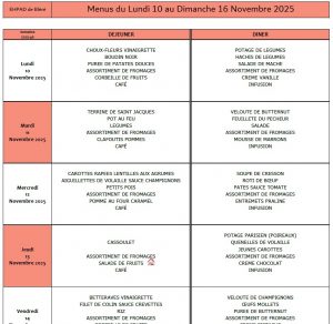LES MENUS DE L’EHPAD DU LUNDI 10 AU DIMANCHE 16 NOVEMBRE 2025