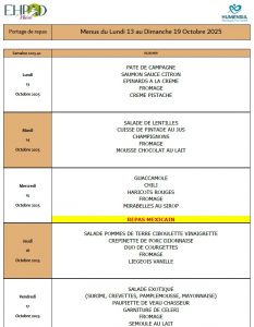 LES MENUS DU PORTAGE DE REPAS A DOMICILE DU LUNDI 13 AU DIMANCHE 19 OCTOBRE 2025