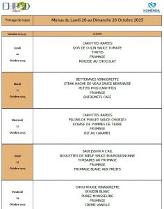 LES MENUS DU PORTAGE DE REPAS A DOMICILE DU LUNDI 20 AU DIMANCHE 26 OCTOBRE 2025