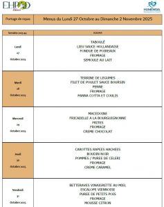 LES MENUS DU PORTAGE DE REPAS A DOMICILE DU LUNDI 27 OCTOBRE AU DIMANCHE 2 NOVEMBRE 2025