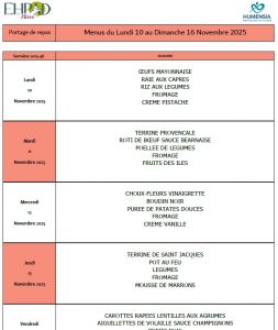 LES MENUS DU PORTAGE DE REPAS A DOMICILE DU LUNDI 10 AU DIMANCHE 16 NOVEMBRE 2025