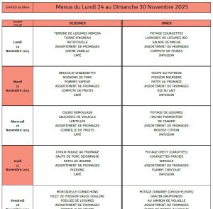 LES MENUS DE L’EHPAD DU LUNDI 24 AU DIMANCHE 30 NOVEMBRE 2025