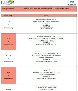 LES MENUS DU PORTAGE DE REPAS A DOMICILE DU LUNDI 17 AU DIMANCHE 23 NOVEMBRE 2025