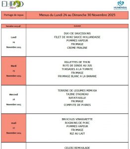 LES MENUS DU PORTAGE DE REPAS A DOMICILE DU LUNDI 24 AU DIMANCHE 30 NOVEMBRE 2025