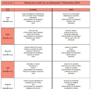 LES MENUS DE L’EHPAD DU LUNDI 1ER AU DIMANCHE 7 DECEMBRE 2025