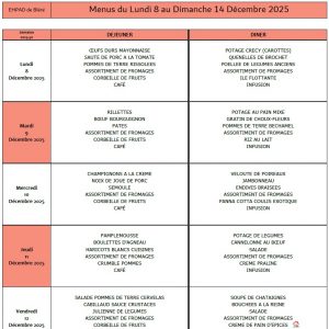 LES MENUS DE L’EHPAD DU LUNDI 8 AU DIMANCHE 14 DECEMBRE 2025