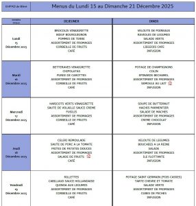 LES MENUS DE L’EHPAD DU LUNDI 15 AU DIMANCHE 21 DECEMBRE 2025