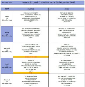 LES MENUS DE L’EHPAD DU LUNDI 22 AU DIMANCHE 28 DECEMBRE 2025