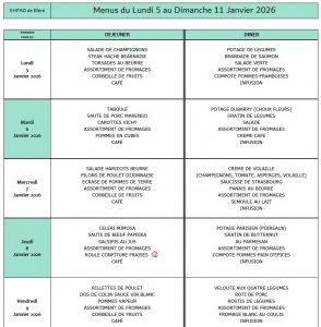 LES MENUS DE L’EHPAD DU LUNDI 5 AU DIMANCHE 11 JANVIER 2026
