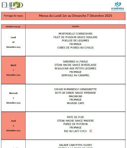 LES MENUS DU PORTAGE DE REPAS A DOMICILE DU LUNDI 1ER AU DIMANCHE 7 DECEMBRE 2025
