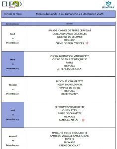 LES MENUS DU PORTAGE DE REPAS A DOMICILE DU LUNDI 15 AU DIMANCHE 21 DECEMBRE 2025