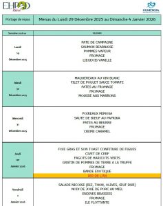 LES MENUS DU PORTAGE DE REPAS A DOMICILE DU LUNDI 29 DECEMBRE 2025 AU DIMANCHE 4 JANVIER 2026