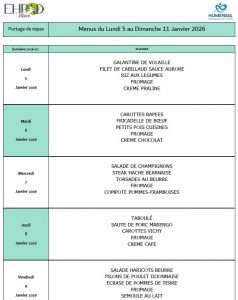 LES MENUS DU PORTAGE DE REPAS A DOMICILE DU LUNDI 5 AU DIMANCHE 11 JANVIER 2026