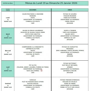LES MENUS DE L’EHPAD DU LUNDI 19 AU DIMANCHE 25 JANVIER 2026