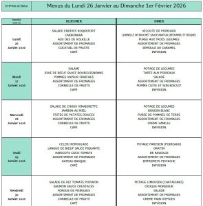 LES MENUS DE L’EHPAD DU LUNDI 26 JANVIER AU DIMANCHE 1ER FEVRIER 2026