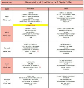 LES MENUS DE L’EHPAD DU LUNDI 2 AU DIMANCHE 8 FEVRIER 2026