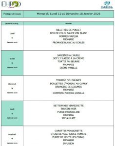 LES MENUS DU PORTAGE DE REPAS A DOMICILE DU LUNDI 12 AU DIMANCHE 18 JANVIER 2026