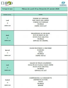 LES MENUS DU PORTAGE DE REPAS A DOMICILE DU LUNDI 19 AU DIMANCHE 25 JANVIER 2026