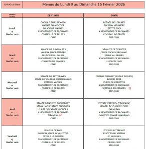 LES MENUS DE L’EHPAD DU LUNDI 9 AU DIMANCHE 15 FEVRIER 2026