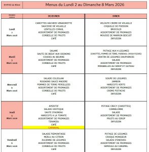LES MENUS DE L’EHPAD DU LUNDI 2 AU DIMANCHE 8 MARS 2026