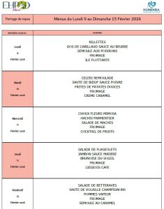 LES MENUS DU PORTAGE DE REPAS A DOMICILE DU LUNDI 9 AU DIMANCHE 15 FEVRIER 2026
