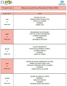 LES MENUS DU PORTAGE DE REPAS A DOMICILE DU LUNDI 16 AU DIMANCHE 22 FEVRIER 2026