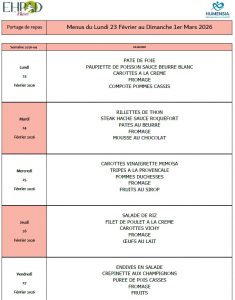 LES MENUS DU PORTAGE DE REPAS A DOMICILE DU LUNDI 23 FEVRIER AU DIMANCHE 1ER MARS 2026