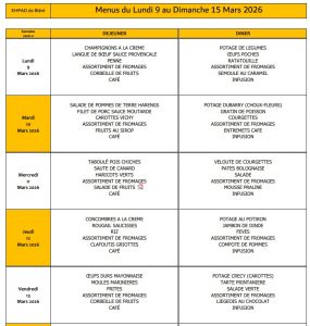 LES MENUS DE L’EHPAD DU LUNDI 9 AU DIMANCHE 15 MARS 2026