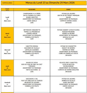 LES MENUS DE L’EHPAD DU LUNDI 23 AU DIMANCHE 29 MARS 2026