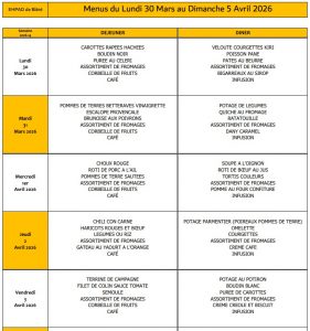 LES MENUS DE L’EHPAD DU LUNDI 30 MARS AU DIMANCHE 5 AVRIL