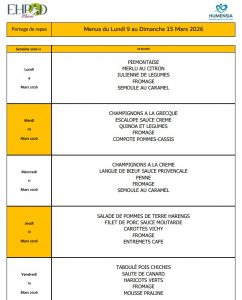 LES MENUS DU PORTAGE DE REPAS A DOMICILE DU LUNDI 9 AU DIMANCHE 15 MARS 2026