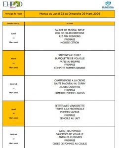 LES MENUS DU PORTAGE DE REPAS A DOMICILE DU LUNDI 23 AU DIMANCHE 29 MARS 2026