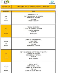 LES MENUS DU PORTAGE DE REPAS A DOMICILE DU LUNDI 30 MARS AU DIMANCHE 5 AVRIL