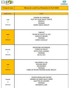 LES MENUS DU PORTAGE DE REPAS A DOMICILE DU LUNDI 6 AU DIMANCHE 12 AVRIL 2026