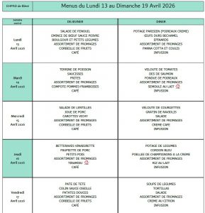 LES MENUS DE L’EHPAD DU LUNDI 13 AU DIMANCHE 19 AVRIL 2026