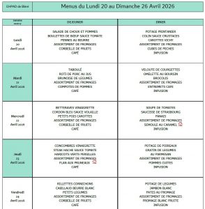 LES MENUS DE L’EHPAD DU LUNDI 20 AU DIMANCHE 26 AVRIL 2026
