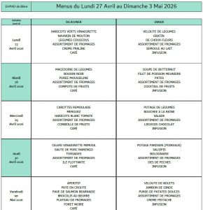 LES MENUS DE L’EHPAD DU LUNDI 27 AVRIL AU DIMANCHE 3 MAI 2026