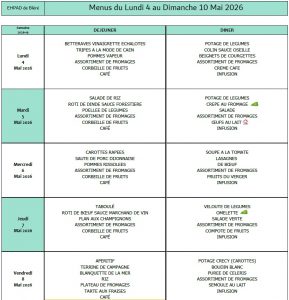 LES MENUS DE L’EHPAD DU LUNDI 4 AU DIMANCHE 10 MAI 2026